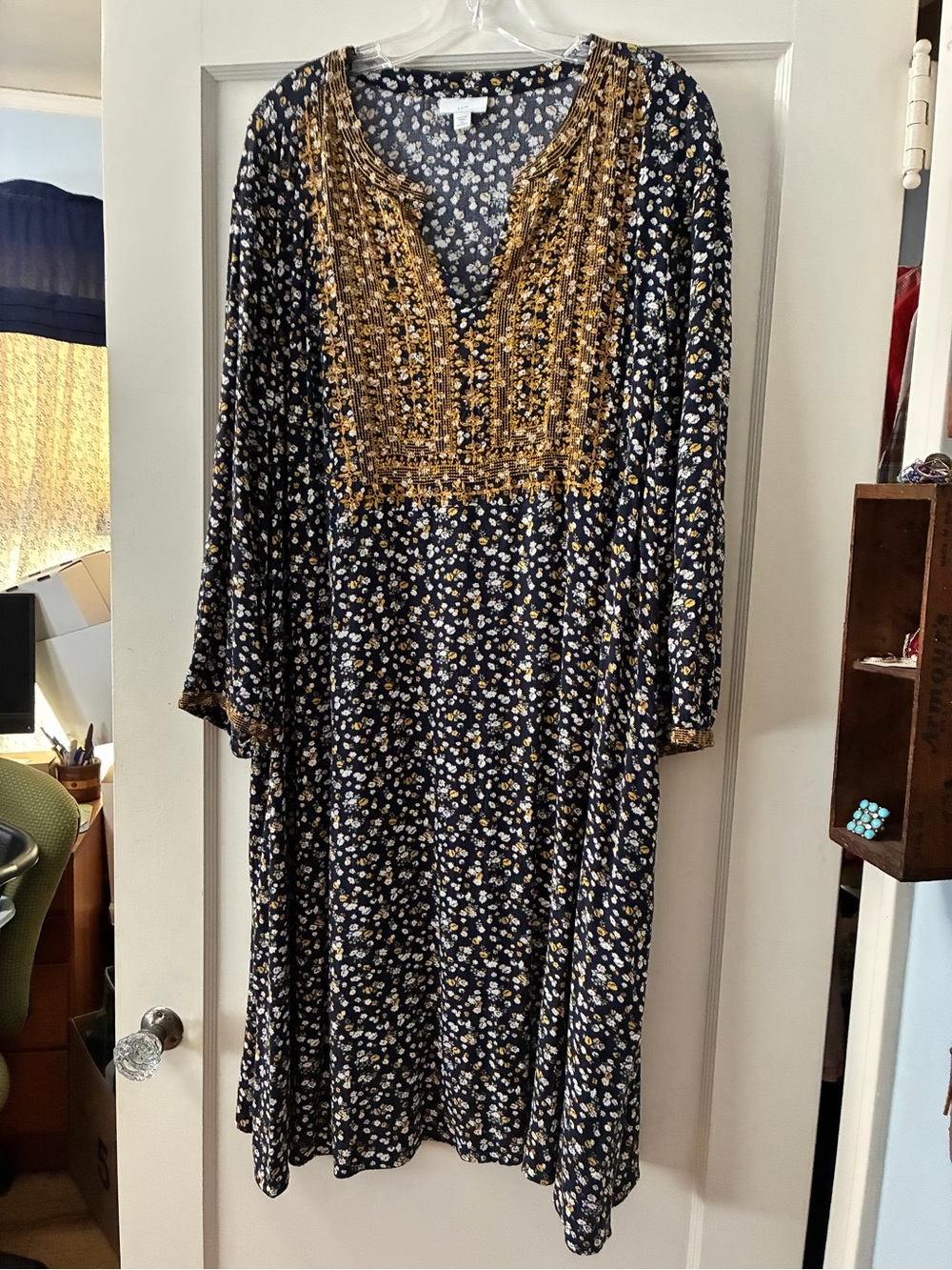 J. Jill Black Floral Long Sleeve Tunic Dress with Gold Embroidery
